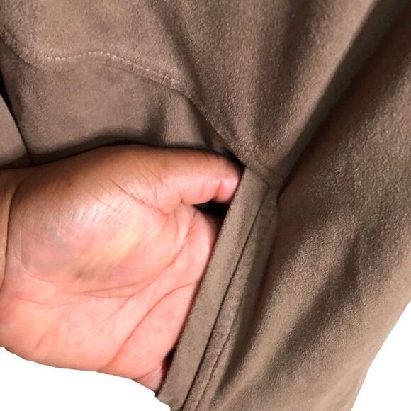 Style & Co Womens Faux Suede Jacket M Tan Waterfall Collar Open Front Workwear - Picture 6 of 9